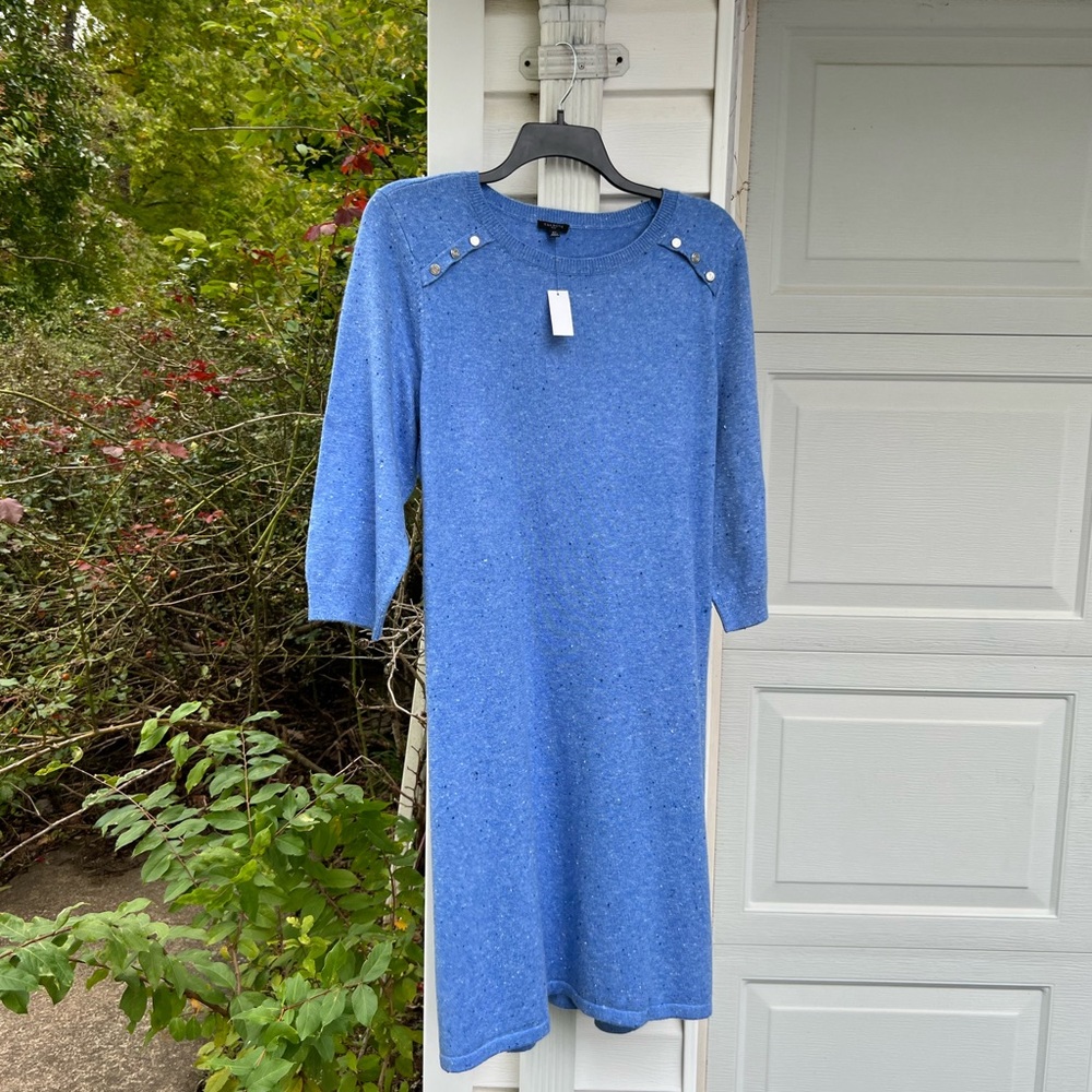NWT Talbots Cozy Blue White Blue Flecks Shoulder Buttons Sweater Dress - Picture 6 of 8